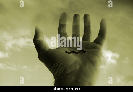 La main avec flèche directionnelle et nuages dans collage Banque D'Images