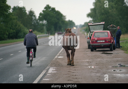 Agriculteur sur une bicyclette menant son cheval, Lituanie Banque D'Images