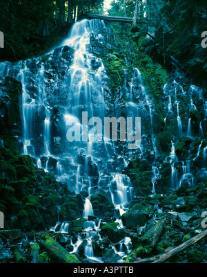 Ramona Falls balaie un rocher moussu dans la forêt de l'Oregon Banque D'Images