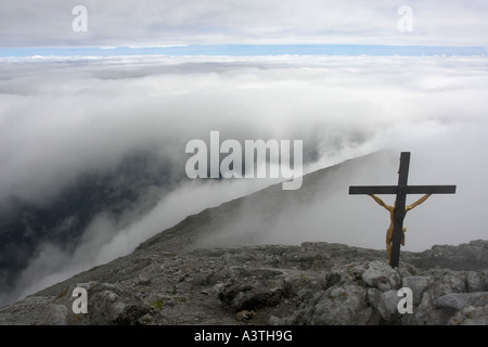 Vue brumeuse de Watzmann/Hocheck, Bavière, Allemagne Banque D'Images