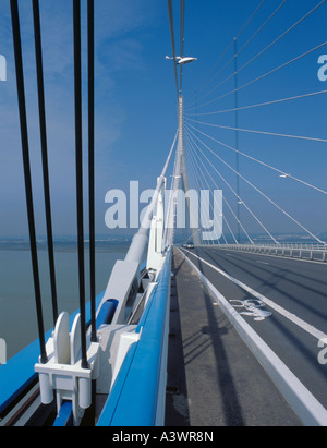 Câble acier ancrage ; afficher le nord à partir de la travée principale, Pont du Normandie, Rhône-Alpes, France. Banque D'Images