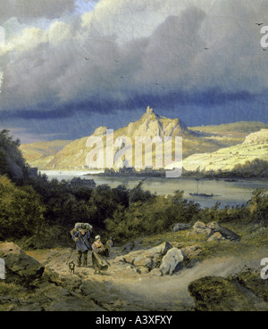 'Fine Arts, Barend Cornelis Koekkoek,, (1803 - 1862), peinture, Rheinansicht mit und "Siebengebirge Drachenfels', ('Rhin vie Banque D'Images