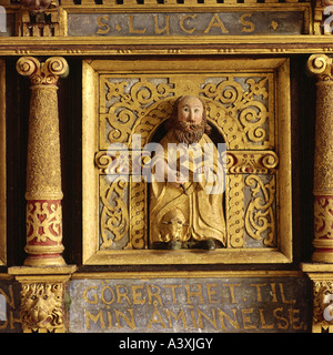 Beaux-arts, art religieux, saints, l'évangéliste Luc, sculpture, bois, peint, 17e siècle, l'autel de la chapelle en bois, de l'Ams Banque D'Images