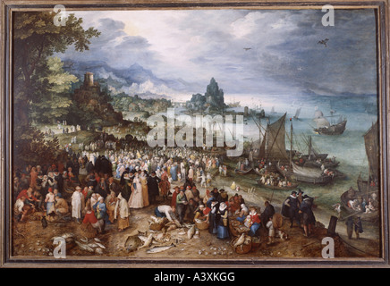 'Fine Arts, Brueghel, Jan l'Ancien, (1568 - 1625), peinture, 'Sea port avec Christ , sermon', 1615, panneau de chêne, 78 x 11 cm Banque D'Images