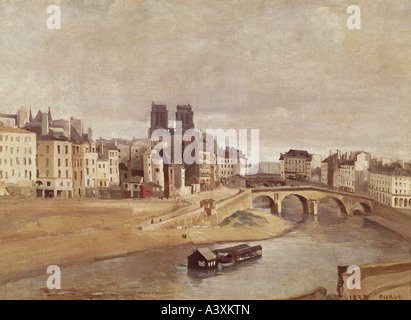 'Fine Arts, Corot, Jean-Baptiste Camille, (1796 - 1875), peinture, 'le Quai Orfevres et pont Saint Michel à Paris', Carna Banque D'Images