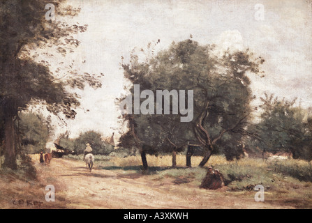 'Fine Arts, Corot, Jean-Baptiste Camille, (1796 - 1875), peinture, "les usagers de la route du village', Folkwang Museum, Essen, histo Banque D'Images