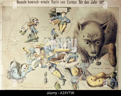 Politique, caricatures, carte comique de l'Europe en 1877, lithographie de couleur, A. Manz Publishing, Augsburg, vers 1877, collection privée, Suisse, Banque D'Images