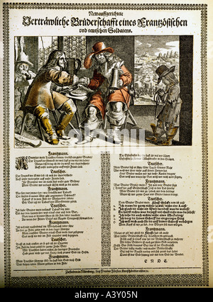 Événements, Guerre de trente Ans 1618 - 1648, caricature, fraternisation de soldat français et allemand, flyer, gravure de couleur, Nuremberg, vers 1640, collection privée, Europe, Allemagne, Saint Empire romain, XVIIe siècle, 30, religieux, militaire, mercenaires, taverne, bière, boire, Banque D'Images