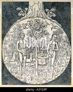 Beaux-arts, art religieux, Adam et Eve, le paradis, avec fontaine et l'eau de vie, gravure, illustration, France, vers 1500, na Banque D'Images