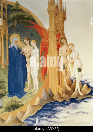 'Fine Arts, art religieux, Adam et Eve, 'expulsion du paradis', miniature, détail, par Jean Limbourg, à partir de la réserve d'heures de Banque D'Images