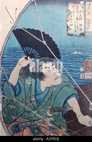 'Fine Arts, Utagawa Kuniyoshi,, (1798 - 1861), graphiques, 'Hero Tametomo navigation accueil à partir des îles Ryukyu', vers 1852, la couleur Banque D'Images