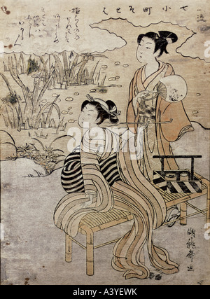 'Fine Arts, Isoda Koryusai,, (1766 - 1788) actif, graphiques, 'sitting fumeurs dame avec agents", vers 1780, gravure sur bois, couleur Banque D'Images