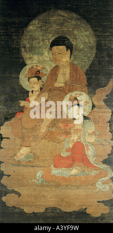 Beaux-arts, les pays, le Japon, la peinture, le Bouddha Amida avec Kuanyin et dei - Sei - Chi avec lotus piédestal, scroll-peinture, une encre Banque D'Images