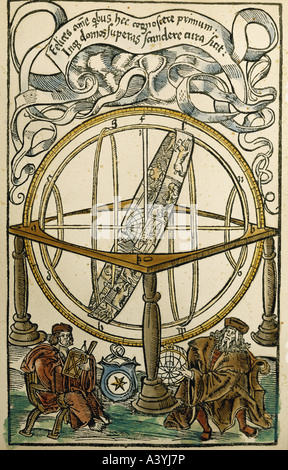 Astronomie, instruments de mesure, sphère armillaire et deux érudits, coupe de bois de couleur, de 'Tabulae eclipsium', de Peuerbach, Vienne, 1514, collection privée, , Banque D'Images