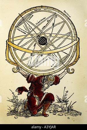 Astronomie, instruments de mesure, Atlas portant une sphère armillaire, coupe de bois de couleur, de 'Opusculum géographicum', de Johann Schöner, Nuremberg, 1533, collection privée, , Banque D'Images