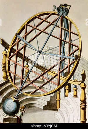 Astronomie, instruments de mesure, sphère armillaire de Tycho Brahe (1546 - 1601), de l'observatoire de 'Sjerneborg', gravure couleur, fin XVIe siècle, Musée Brahe, Ven, , Banque D'Images