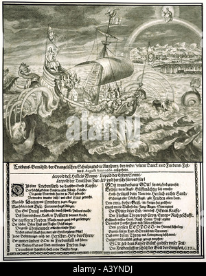 La religion, le christianisme, les protestants, la paix d'Augsbourg célébration de la jeunesse, de Memorial, fiche 8.8.1660, grand format, gravure, 1660, collection privée, historique, historique, l'Europe, l'Allemagne, 17e siècle, les événements, la politique, guerre de Trente Ans 1618 - 1648, 30, la paix de Westphalie, l'égalité, de bateau, de l'eau, les vagues, l'allégorie, les gens, l'artiste n'a pas d'auteur pour être effacé Banque D'Images