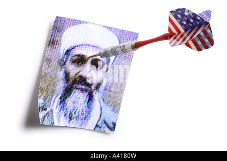 Drapeau américain Dart bloqué en photographie d'Oussama Ben Laden Banque D'Images