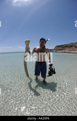 Jeune homme espagnol M. snorkeler-photographe avec son appareil photo et d'un rorqual à bosse osseuse vertèbre Espiri Banque D'Images