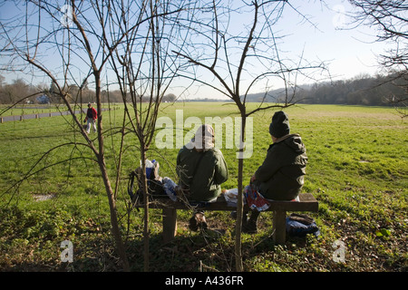 Les visiteurs peuvent pique-niquer à la plaine inondable de Runnymede. Runneymede est un espace public appartenant à la National Trust. Surrey. ROYAUME-UNI Banque D'Images