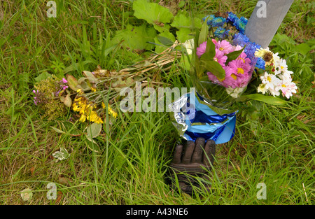 Les fleurs avec gant unique sur les lieux d'un accident mortel sur l'A40 entre Bwlch et Brecon Powys South Wales UK Banque D'Images