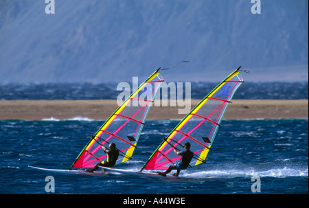 Deux planches à voile ensemble en formation serrée sur la lagune de la Mer Rouge à Dahab Sinai Egypte Banque D'Images