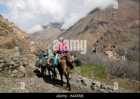 Les hommes ride donkey train dans haut Atlas de Marrakech, parc national de Toubkal, Maroc, Afrique du Nord, 2007 Banque D'Images