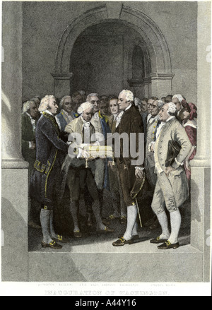 Inauguration du président George Washington à New York 1789. À la main, gravure sur acier Banque D'Images