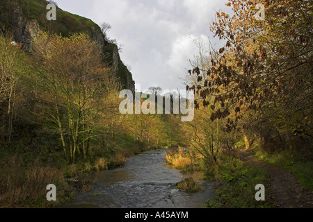 Les corbeaux Tor et la rivière Dove près de Milldale, Dovedale Derbyshire, Staffordshire / frontière, Peak District National Park, Angleterre Banque D'Images