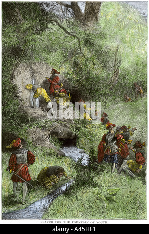 Juan Ponce de Leon expedition à la recherche de la fontaine de jouvence en Floride 1500s. À la main, gravure sur bois Banque D'Images