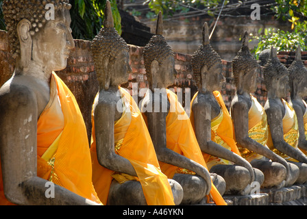 De nombreuses figures de Bouddha dans une rangée avec tissu orange Wat Yai Chai Mongkol Ayutthaya Thaïlande Banque D'Images