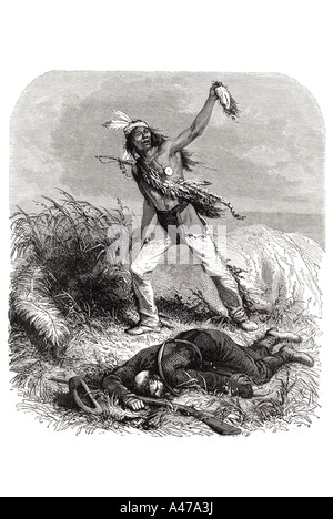 Couper vos cheveux Red Indian Warrior homme blanc mort soldat nord-américain couteau fusil brave wild west grande plaine abo autochtones Banque D'Images