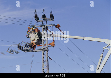 Les ingénieurs travaillant sur un pylône d'électricité sur le plateau du Golan, Israël Banque D'Images