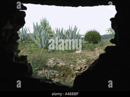 Vue de paysage naturel à travers un trou dans un mur Gérone Gérone Catalogne Catalogne Cataluña España Espagne Europe Banque D'Images