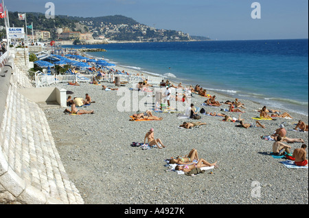 Vue panoramique sur mer & plage de Nice Côte d'Azur Cote d Azur France Europe du Sud Banque D'Images