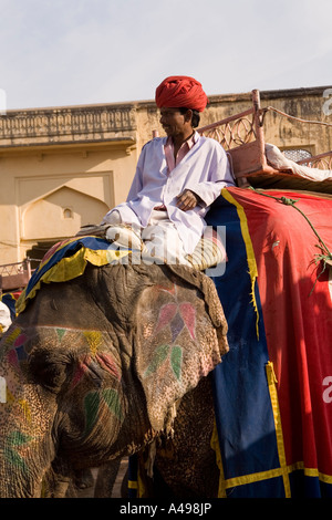 Inde Rajasthan Fort Amber mahout sur elephant ride touristes donnant fort raide jusqu'road Banque D'Images