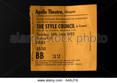 Billet pour le The style Council au Glasgow Apollo Scotland en 1985, c'était le dernier concert jamais joué sur place avant sa démolition Banque D'Images