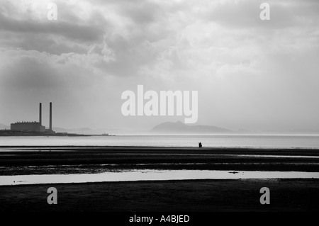 Marche sur Niddry sands East Lothian avec Cockenzie Power Station dans la distance (démoli en 2015, vue depuis 2003) Banque D'Images