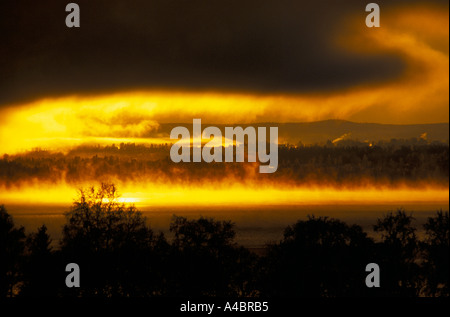 Suède : les feux du soleil d'hiver sombres nuages et brouillard d'or sur le côté du comté d'Ostersund Banque D'Images