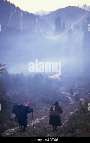 Col CHUBERI, GÉORGIE, octobre 1993 : dans le froid mordant de l'aube ceux qui ont campé dans la forêt après avoir traversé le 2 780 mètres de haut à col Chuberi Chuberi. Banque D'Images