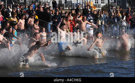 Les personnes en charge de l'eau glacée comme ils prennent le pingouin plonger pour recueillir de l'argent pour les États-Unis aux Jeux olympiques spéciaux dans le Connecticut Banque D'Images