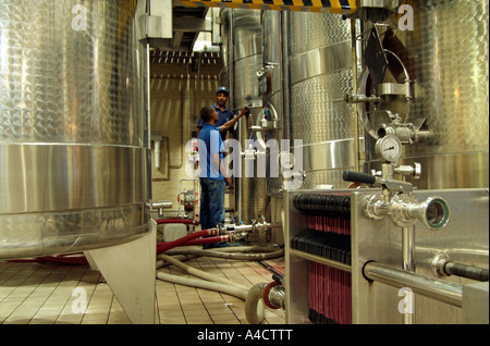 Des cuves en acier inoxydable contenant du vin Shiraz à entreprise vinicole Graham Beck Franschhoek Western Cape Afrique du Sud RSA Banque D'Images