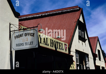 Panneau, bâtiment, Front Office, toit de l'hôtel Royal, histoire, village à thème de la ruée vers l'or, Pilgrims Rest, Afrique du Sud, destination de voyage Banque D'Images