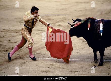 Un matador courir vers l'avant et d'avoir poignardé un taureau avec une épée. Las Ventas Madrid Espagne Banque D'Images