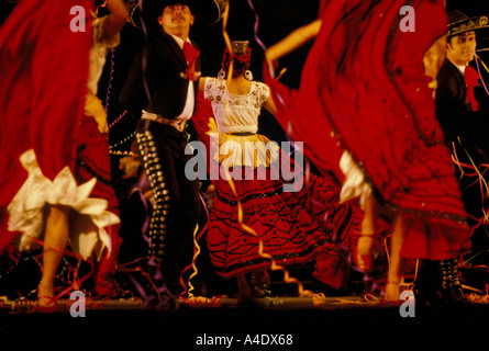 Danseurs mexicains sur scène en costumes traditionnels au Mexique Banque D'Images