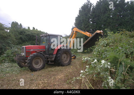 Travailleur agricole débroussaillage préventif sur les terres agricoles. Banque D'Images