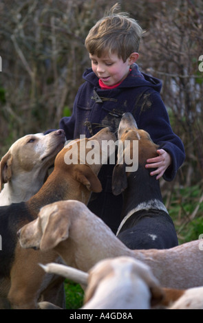 Une CHASSE À LA SUITE GARÇON JOUE AVEC LES HOUNDS DE BEAUFORT UK Banque D'Images