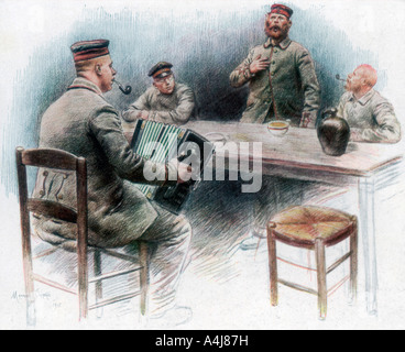 'Sentimental ballade dans la cantine, des prisonniers de guerre allemands à Dinan, France, 1915, (1926). Artiste : Maurice Orange Banque D'Images