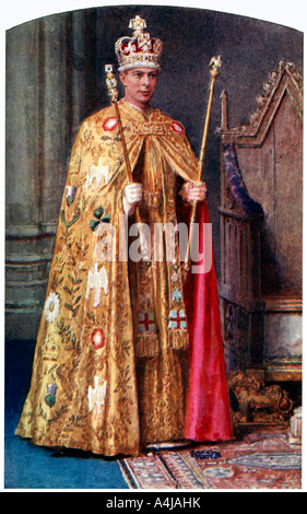 George VI à coronation robes : Le manteau impérial doré, avec St Edward's crown, 1937.Artiste : Fortunino Matania Banque D'Images