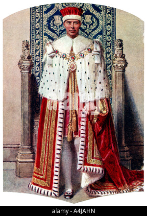 George VI à coronation robes : la robe pourpre d'État, avec le Cap de l'entretien, 1937.Artiste : Fortunino Matania Banque D'Images